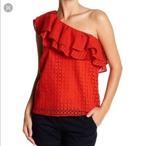NWT J Crew ruffled one shoulder red eyelet top